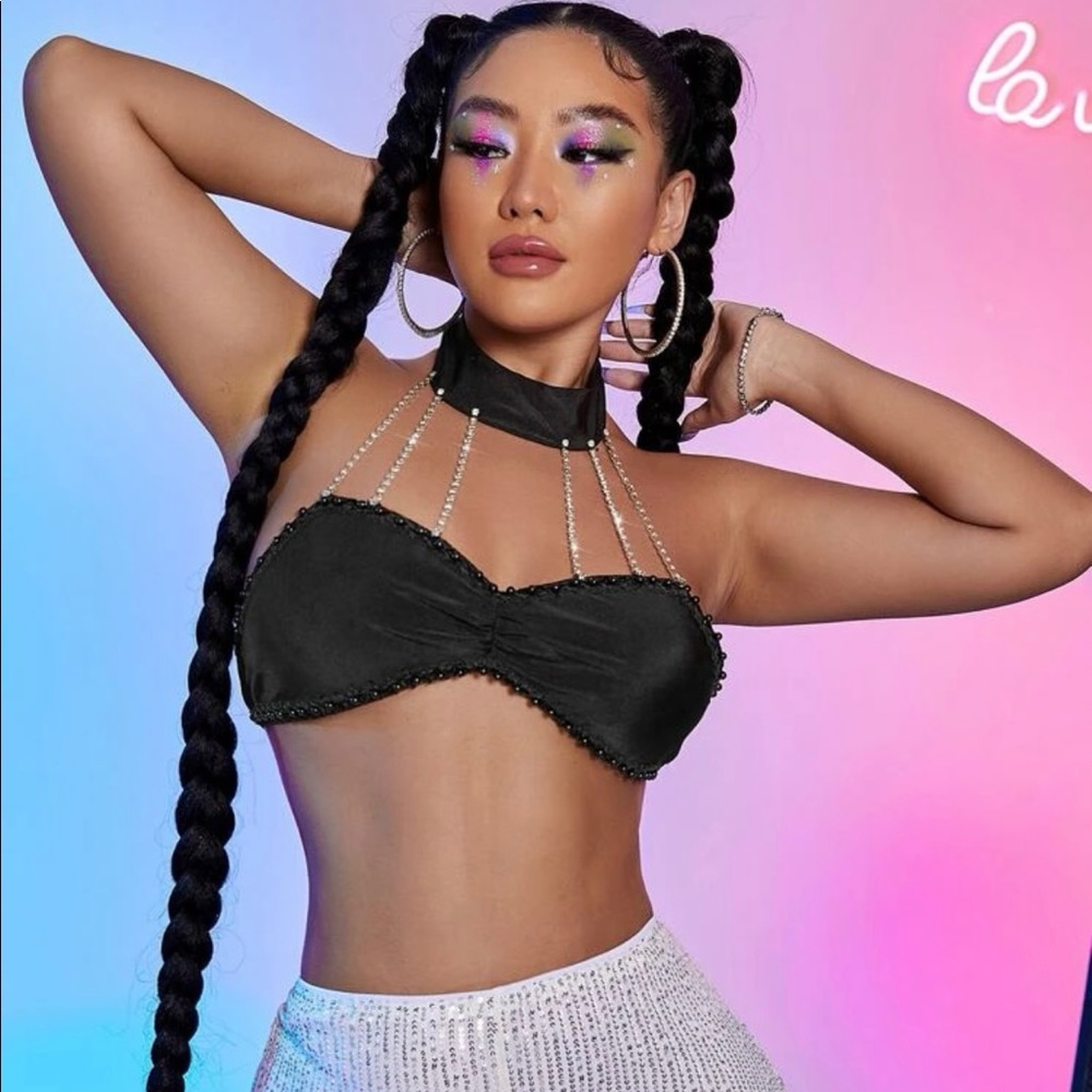 Rhinestone Rave Festival Black Backless Halter Crop Top